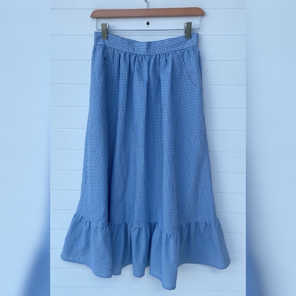 Century Boston Vintage 80s Gingham Ruffle A-line Midi Skirt Pockets Gathered